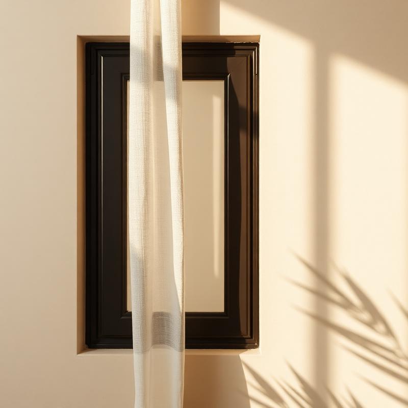 Slim window frame detail with sheer curtain