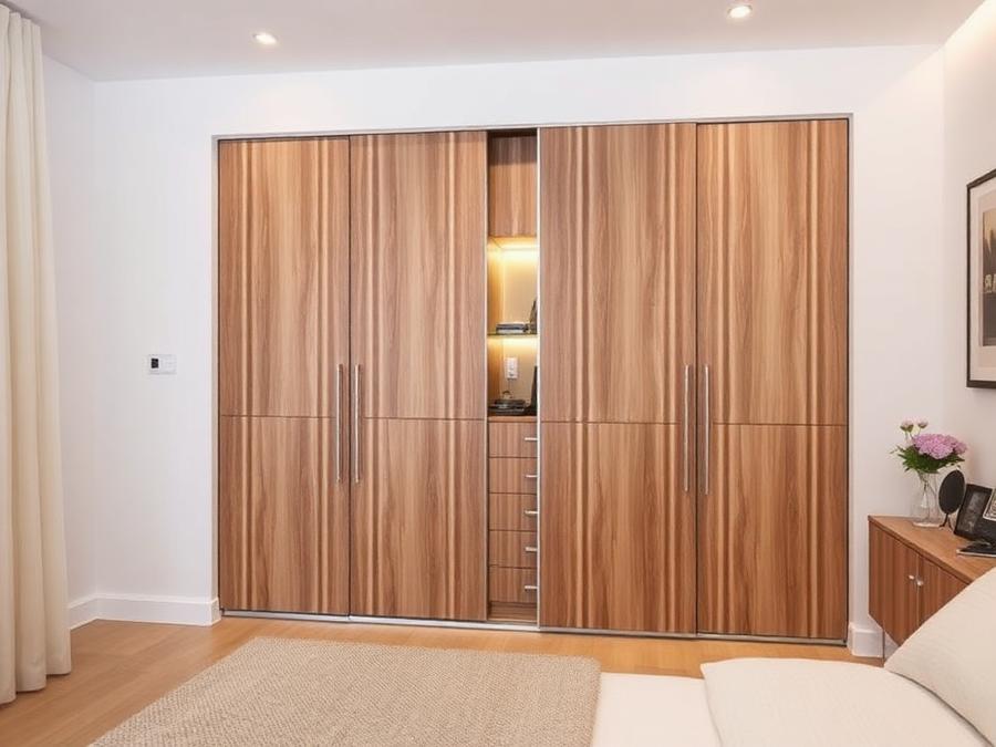 Sliding wardrobe with wood panels